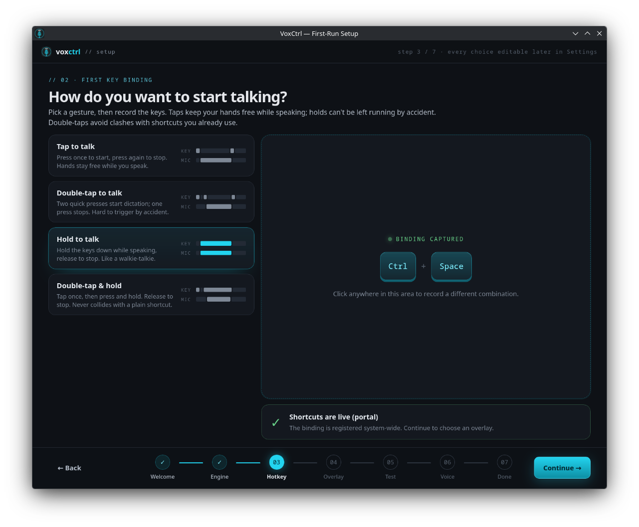 Setup wizard step 3 of 7 — First key binding