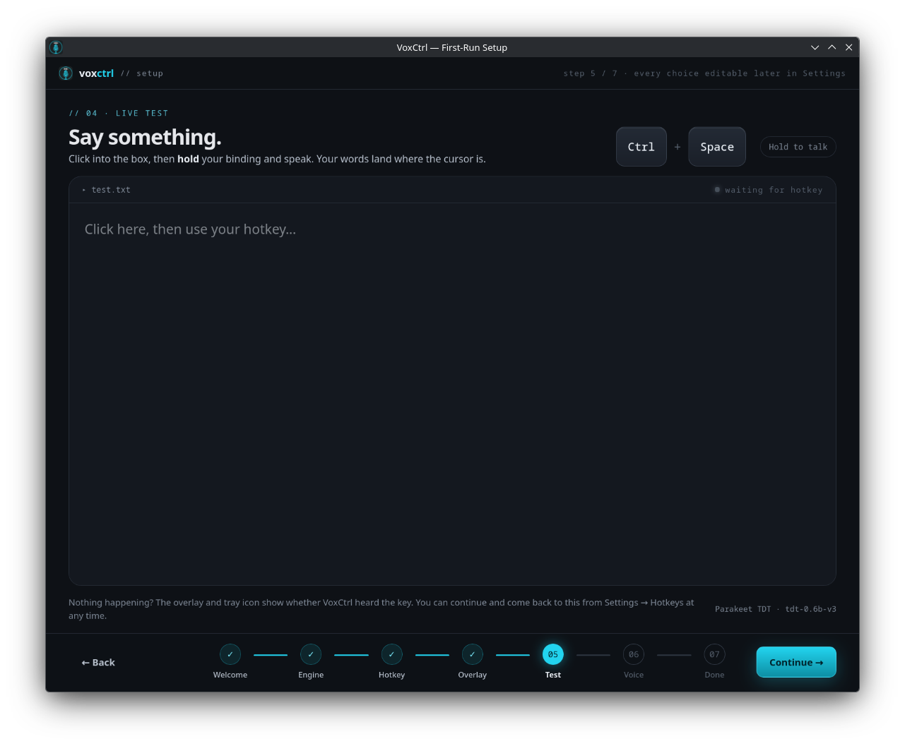 Setup wizard step 5 of 7 — Live dictation test