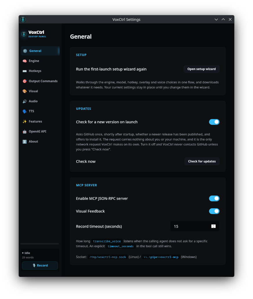 VoxCtrl Settings — General tab, showing the setup wizard, update check and MCP server controls