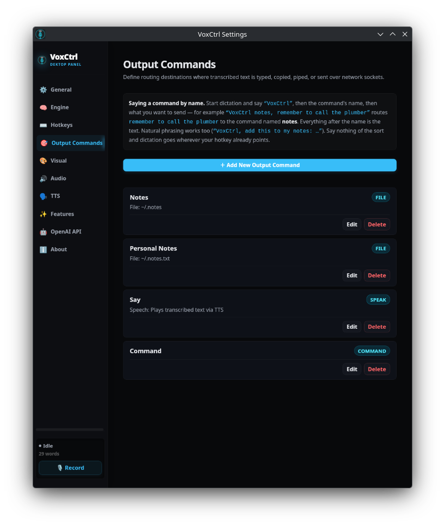VoxCtrl Settings — Output Commands tab, listing the Notes, Personal Notes, Say and Command targets